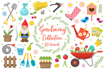 Gardening icons set, design elements. Garden tools and decor collection, isolated on a white background. Vector illustration