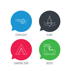 Colored speech bubbles. Flashlight, fishing float and hiking boots. Camping tent linear sign. Flat web buttons with linear icons. Vector
