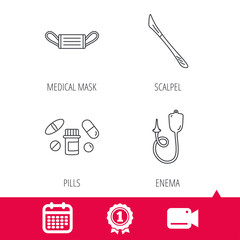 Achievement and video cam signs. Medical mask, pills and scalpel icons. Enema linear sign. Calendar icon. Vector