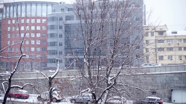 View of the city during a snowfall.