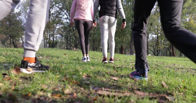 Young People Group Walking Two Couple Outdoor, Friends Speaking Morning Autumn Park Slow Motion 60 Fps