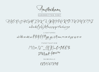 Amsterdam Handwritten script font. Brush font. Uppercase, lowercase, numbers, punctuation and a lot of ligatures - obrazy, fototapety, plakaty