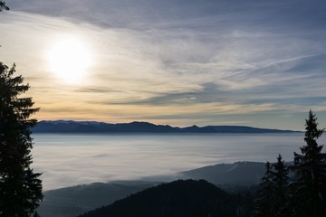 Sunrise on hills with clouds above. Slovakia