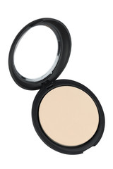 Beige face powder foundation in round big black container with transparent lid, beauty product isolated on white background, clipping path included