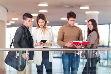 Four colleagues talking in the hall office building
