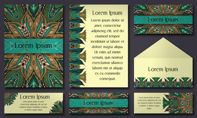 Set of invitation templates with colorful tribal mandalas. Ethnic wedding and invitation cards.