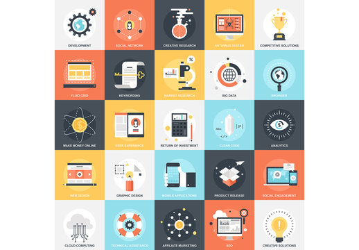 25 Flat Square Analytics and Research Icons
