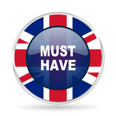 must have british design icon - round silver metallic border button with Great Britain flag