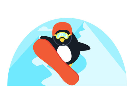 Little cute penguin snowboarder on a background of mountains. Vector illustration