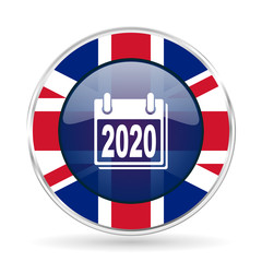 new year 2020 british design icon - round silver metallic border button with Great Britain flag