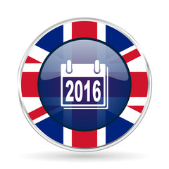 new year 2016 british design icon - round silver metallic border button with Great Britain flag
