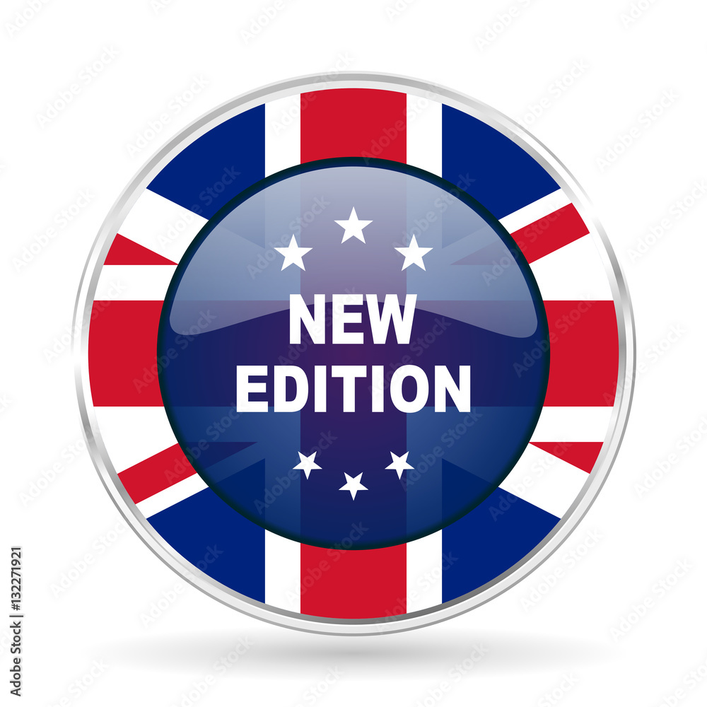 Poster new edition british design icon - round silver metallic border button with great britain flag