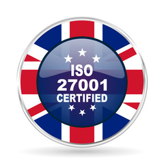 iso 27001 british design icon - round silver metallic border button with Great Britain flag