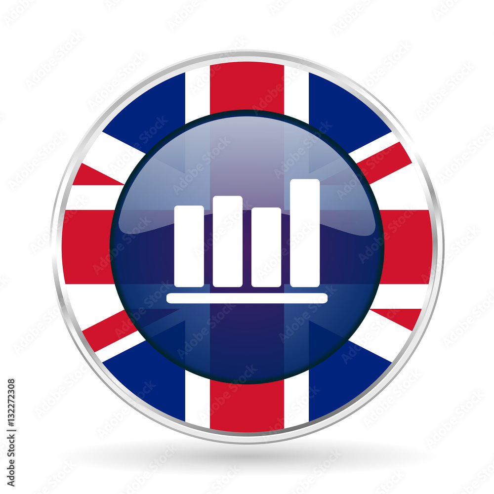 Aufkleber bar chart british design icon - round silver metallic border button with great britain flag.