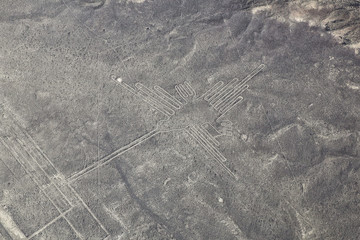 Aerial view of Nazca Lines - Hummingbird geoglyph, Peru.