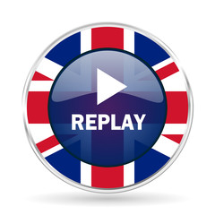 replay british design icon - round silver metallic border button with Great Britain flag