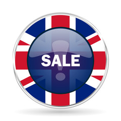 sale british design icon - round silver metallic border button with Great Britain flag