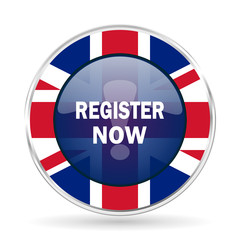 register now british design icon - round silver metallic border button with Great Britain flag