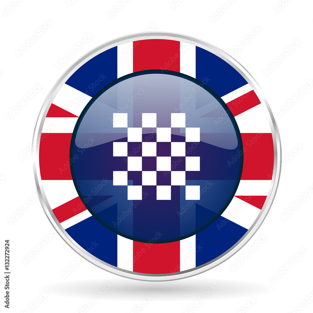 Poster chess british design icon - round silver metallic border button with great britain flag