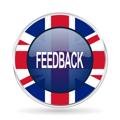 feedback british design icon - round silver metallic border button with Great Britain flag