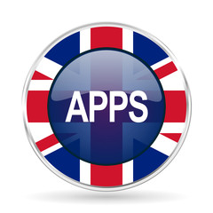 apps british design icon - round silver metallic border button with Great Britain flag