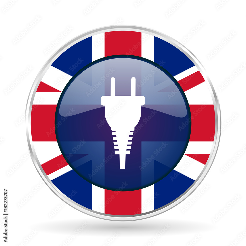 Poster plug british design icon - round silver metallic border button with great britain flag