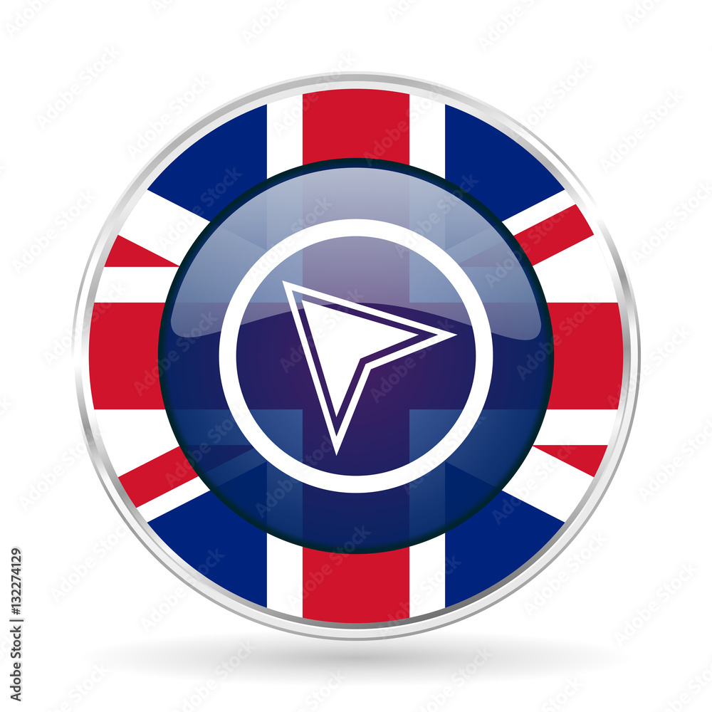 Poster navigation british design icon - round silver metallic border button with great britain flag