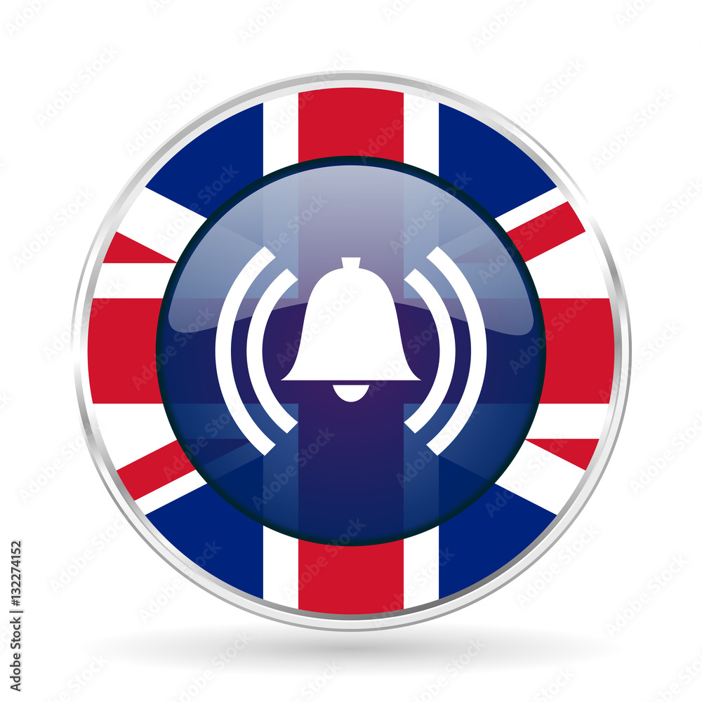 Aufkleber alarm british design icon - round silver metallic border button with great britain flag