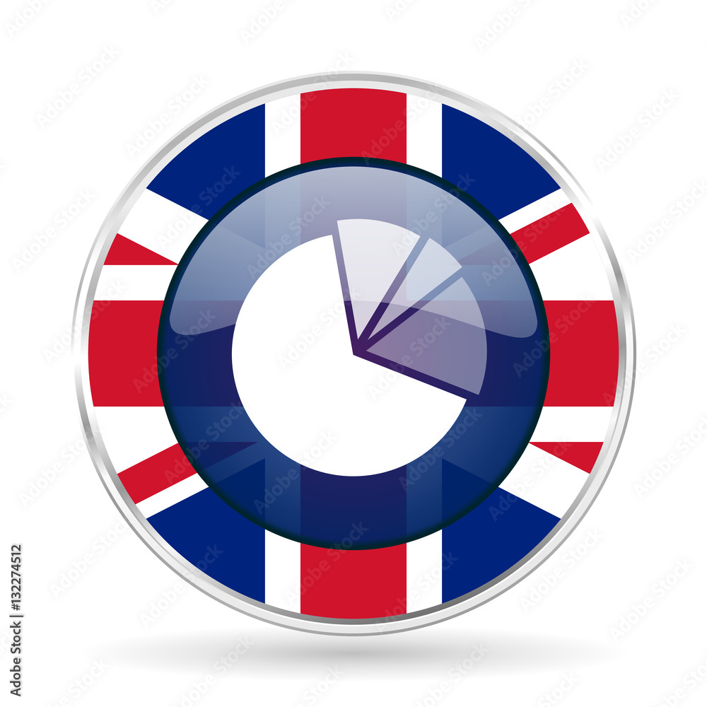 Poster diagram british design icon - round silver metallic border button with great britain flag