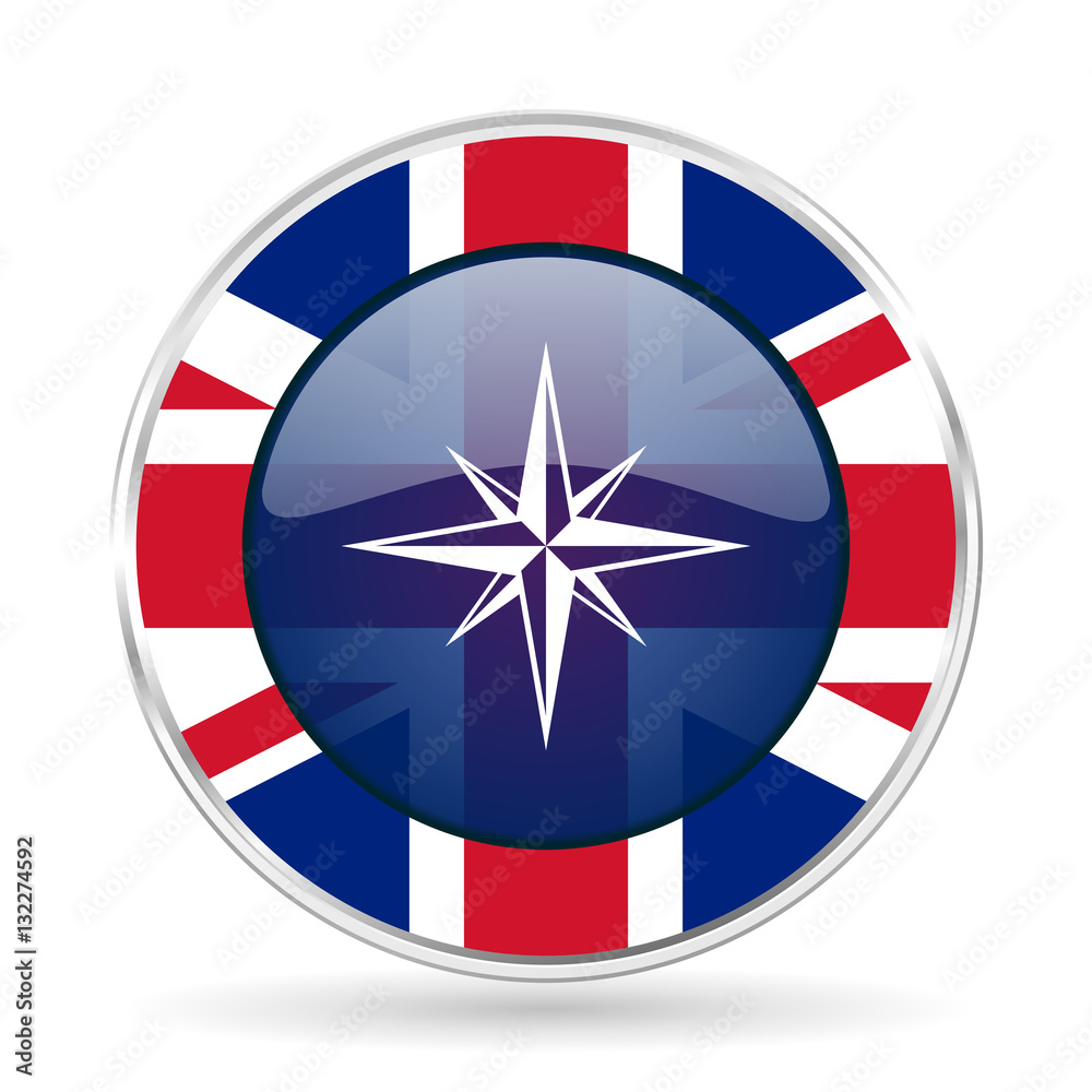 Aufkleber compass british design icon - round silver metallic border button with great britain flag