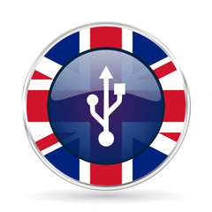 usb british design icon - round silver metallic border button with Great Britain flag