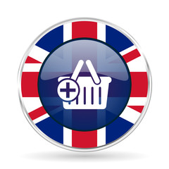 cart british design icon - round silver metallic border button with Great Britain flag