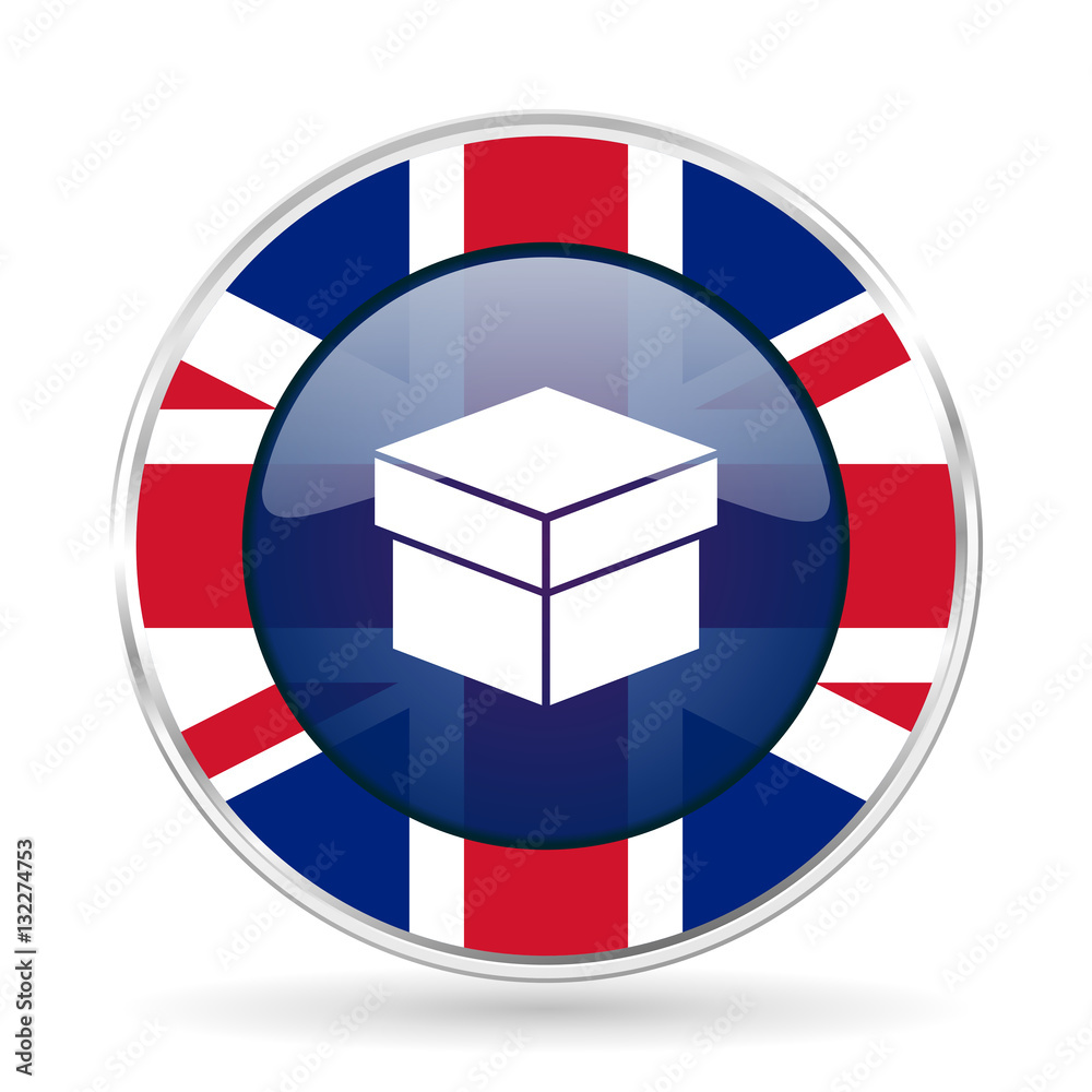 Aufkleber box british design icon - round silver metallic border button with great britain flag