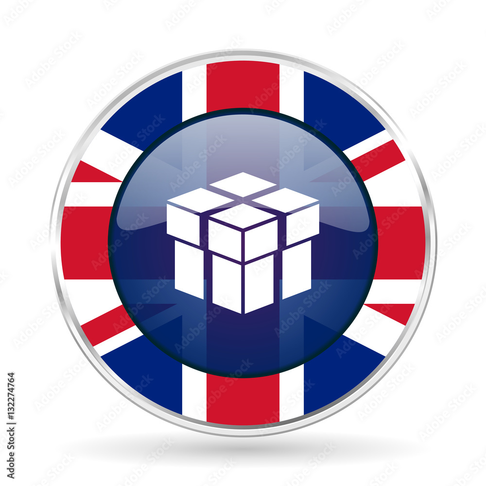 Poster box british design icon - round silver metallic border button with great britain flag