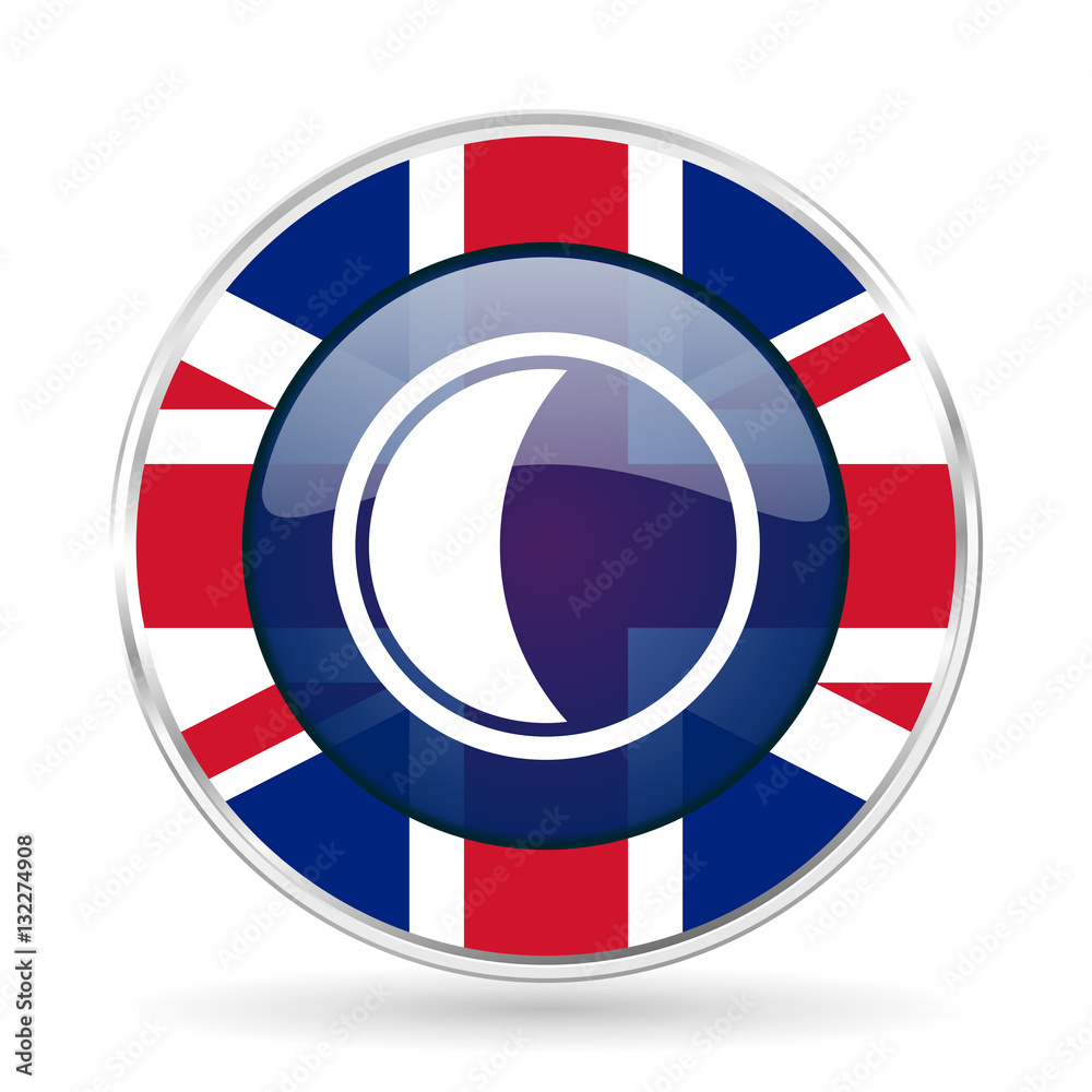 Poster moon british design icon - round silver metallic border button with great britain flag