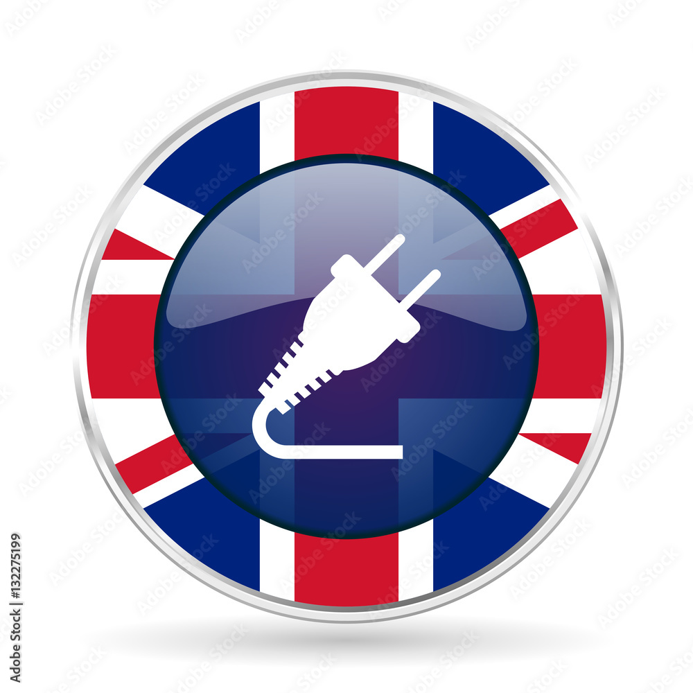 Poster plug british design icon - round silver metallic border button with great britain flag