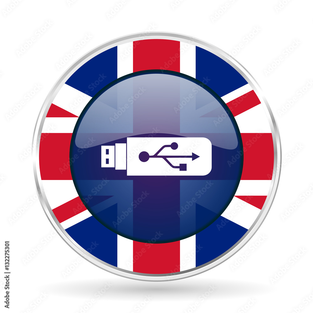 Poster usb british design icon - round silver metallic border button with great britain flag
