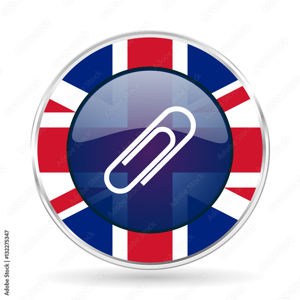 Poster paperclip british design icon - round silver metallic border button with great britain flag