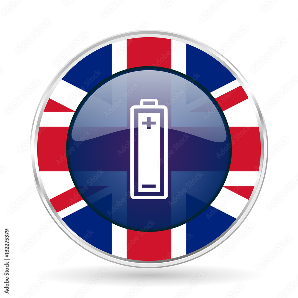 Poster battery british design icon - round silver metallic border button with great britain flag