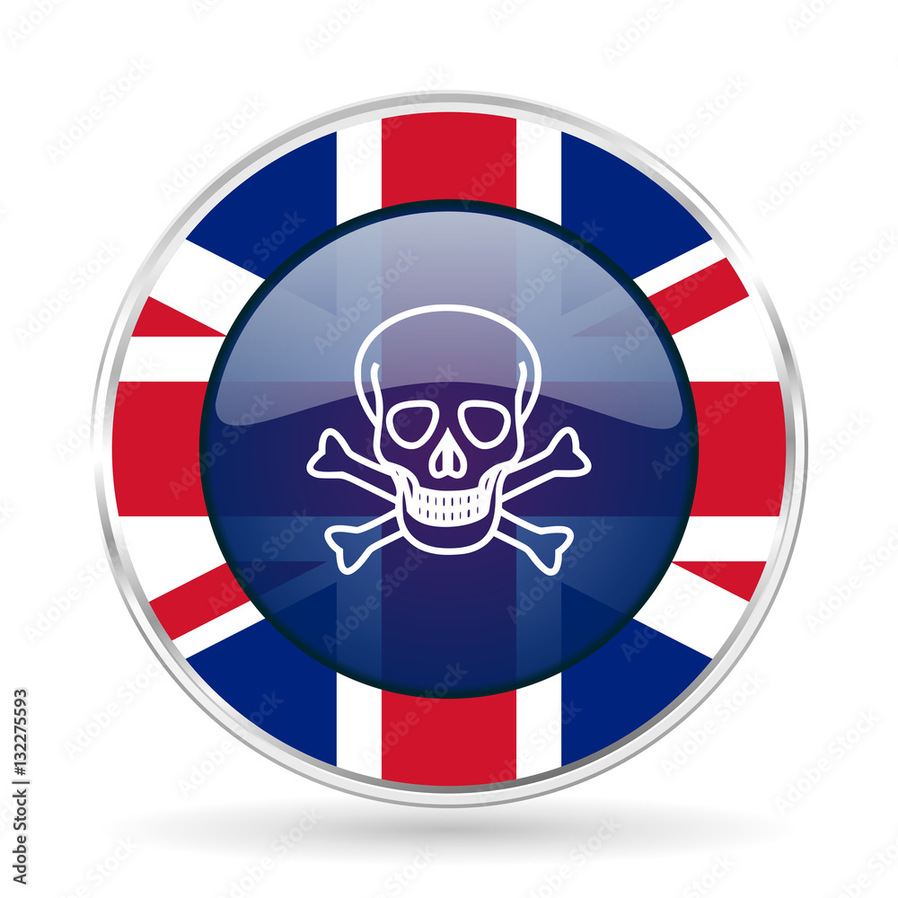 Poster skull british design icon - round silver metallic border button with great britain flag