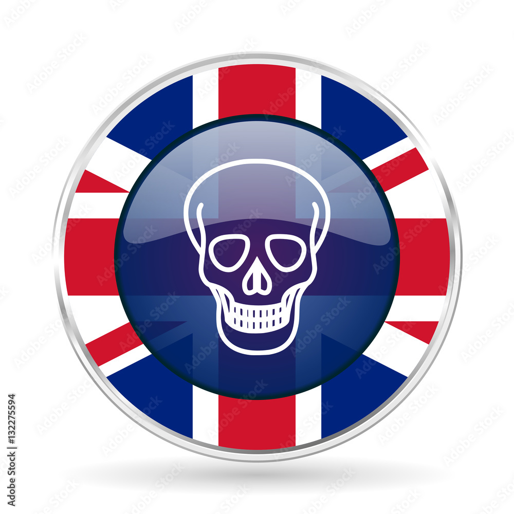 Poster skull british design icon - round silver metallic border button with great britain flag