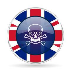 skull british design icon - round silver metallic border button with Great Britain flag