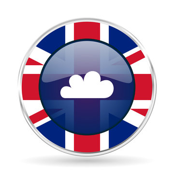 cloud british design icon - round silver metallic border button with Great Britain flag