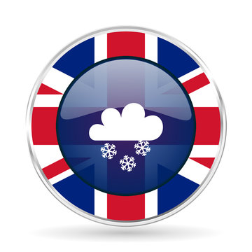snowing british design icon - round silver metallic border button with Great Britain flag