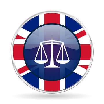 justice british design icon - round silver metallic border button with Great Britain flag