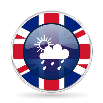 rain british design icon - round silver metallic border button with Great Britain flag