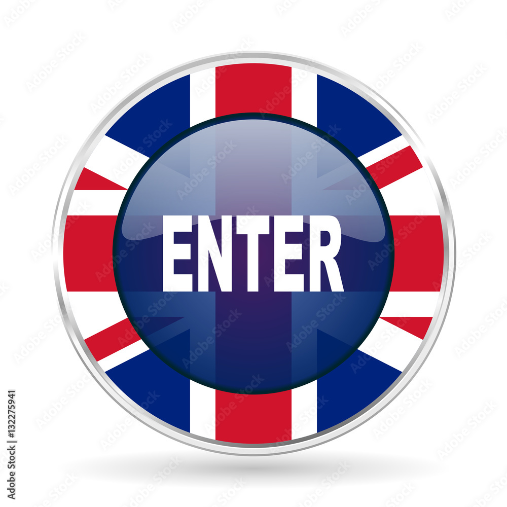 Poster enter british design icon - round silver metallic border button with great britain flag