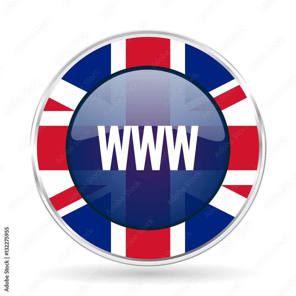 Poster www british design icon - round silver metallic border button with great britain flag