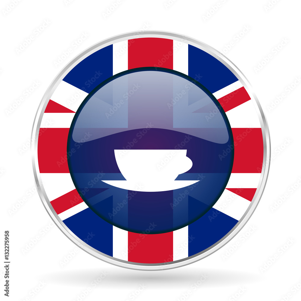 Poster espresso british design icon - round silver metallic border button with great britain flag