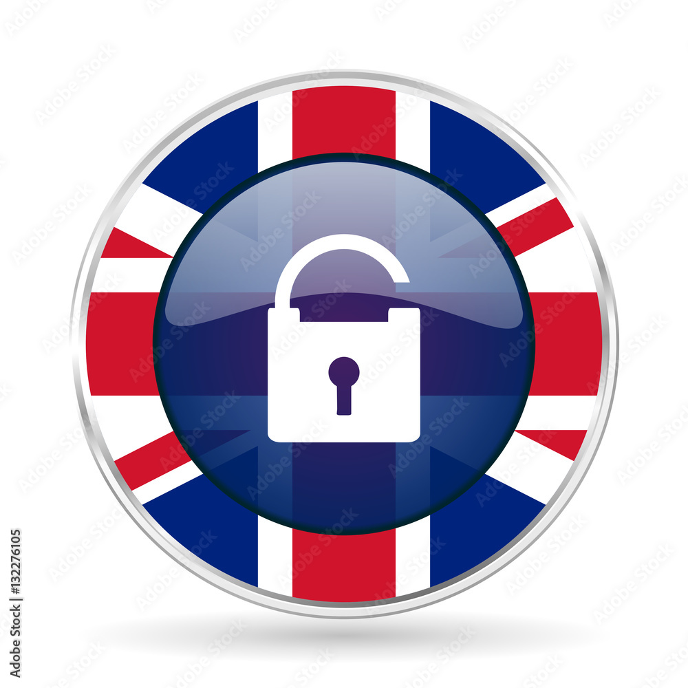 Poster padlock british design icon - round silver metallic border button with great britain flag